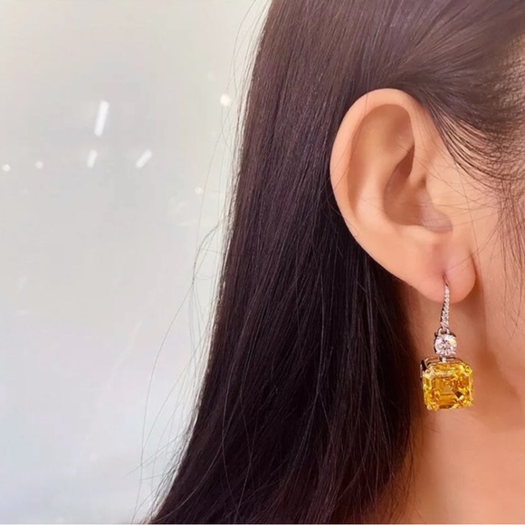 Silver Citrine Yellow Diamond Cubic Zirconia Dangle Earrings - Picture 3 of 6